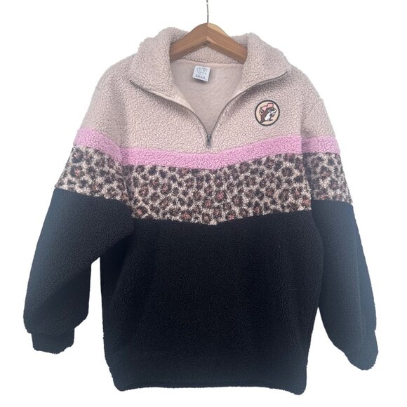 Buc-Ees Womens Popover Top Sz S Pink Leopard Black Ombre 1/4 Zip Fleece Sherpa - Picture 1 of 9